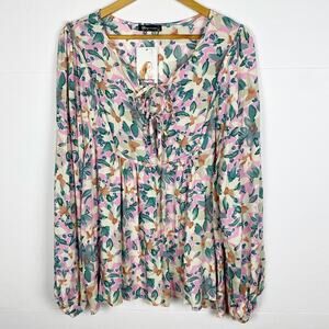 Pretty Garden Pink Floral Tie Neck Top Size XL